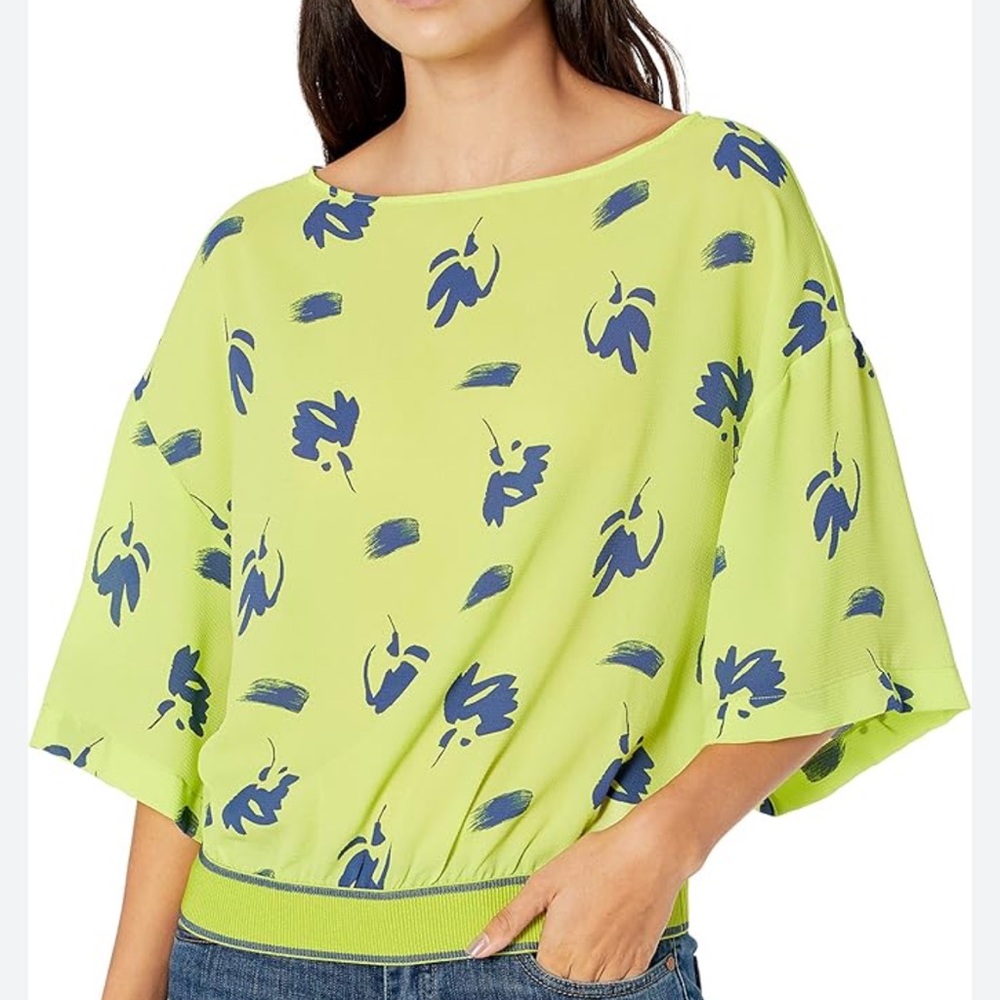 Armani Exchange Floral Print Half Sleeve Boat Neck Neon Top Blouse Size Medium